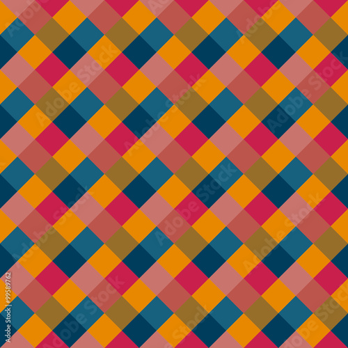 Seamless geometric checked pattern. Diagonal square, woven line. Rhombus texture. Variegated kitsch, clown, holiday colored. Vector