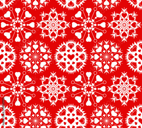 Christmas seamless pattern of heart view snowflakes. New Year, Valentine, birthday texture. Red, white colored background. Vector 