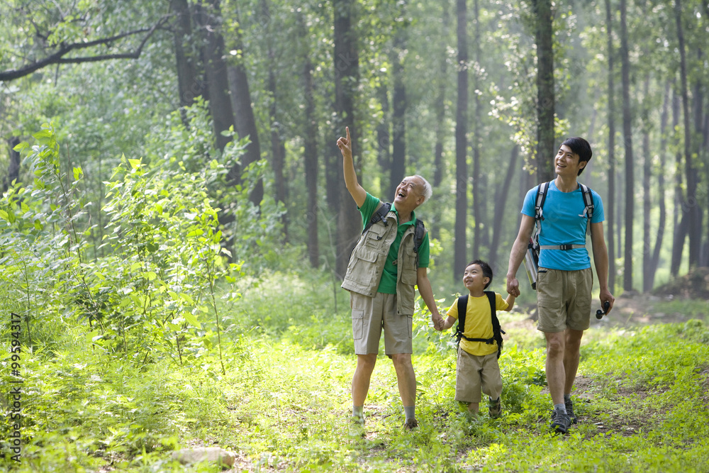 Boy hiking with his father and grandfather