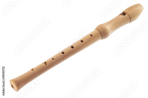 Fototapet Wooden soprano flute isolated on a white background