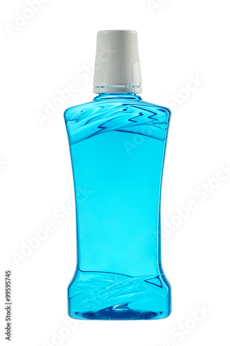 Plastic bottle of mouthwash on white background