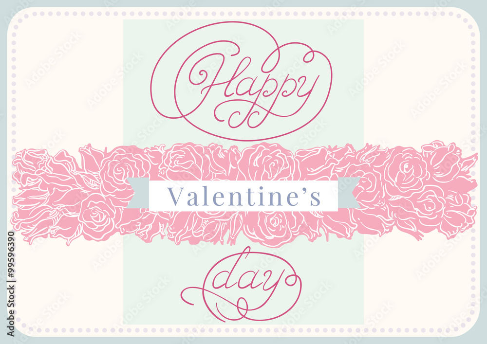 Abstract valentine background. Retro  ornate border with  pink roses and text