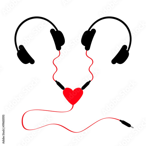 Two headphones. Earphones couple Audio splitter adapter heart. Red cord. White background. Isolated. Flat design.