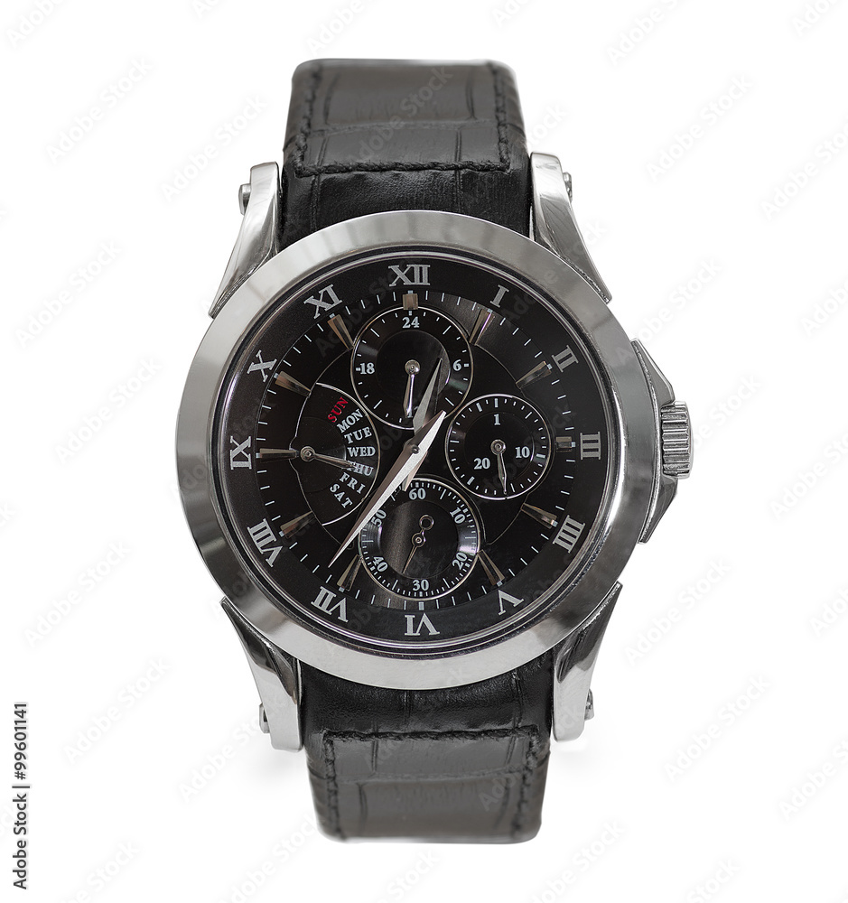 Wristwatch with black leather strap isolated on white background Wristwatch with black leather strap isolated on white background