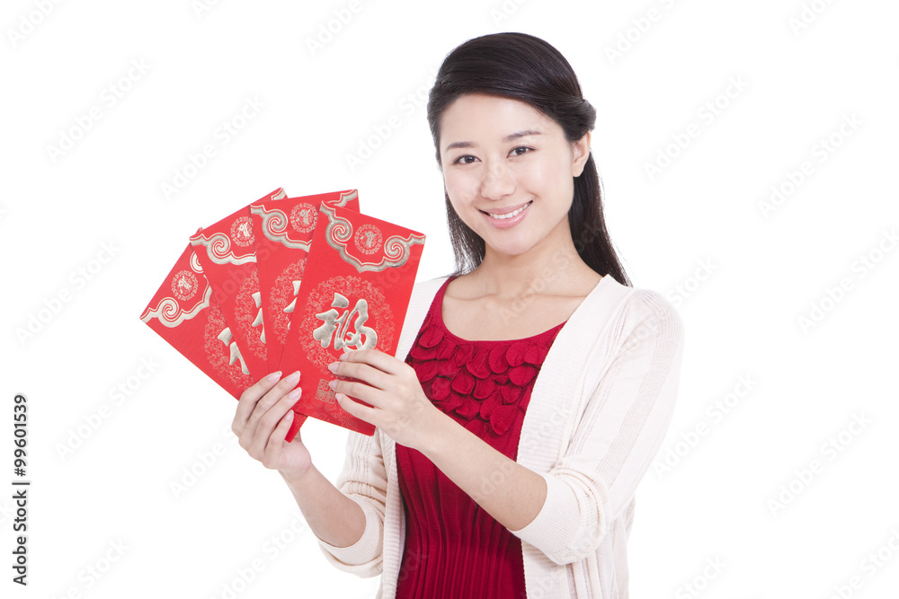 Happy young woman with red pockets in hands Happy young woman with red pockets in hands