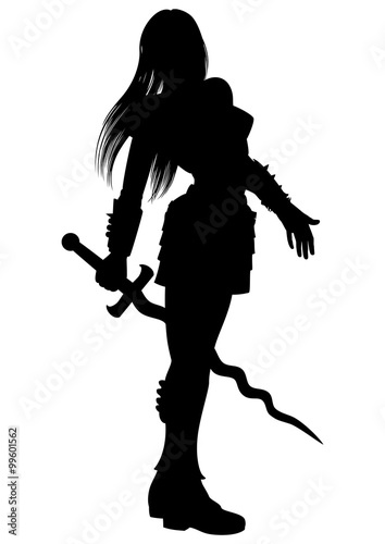 Woman warrior with flaming sword silhouette.
illustration fantasy knight  woman with wavy sword