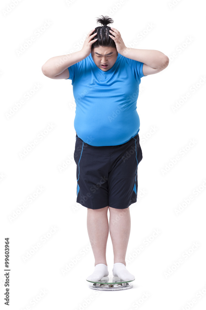 Overweight man on scale, shocked Overweight man on scale, shocked