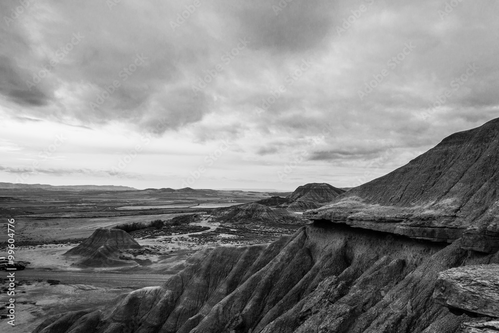 Cloudy day in Bardenas in black and white