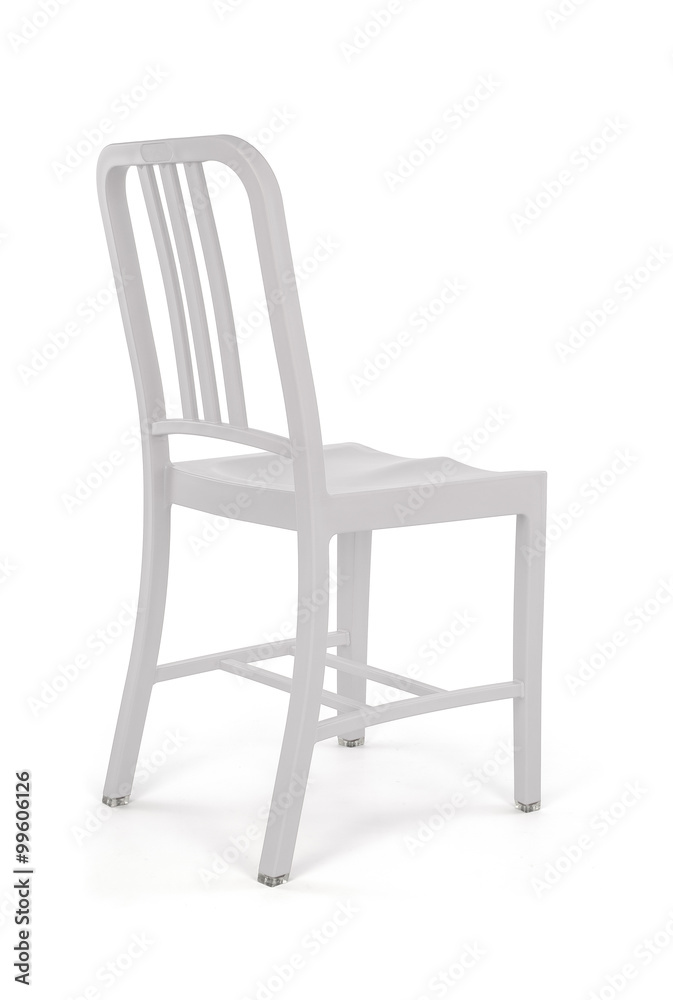 White Plastic Outdoor Chair on White Background, Back Three Quarter View White Plastic Outdoor Chair on White Background, Back Three Quarter View