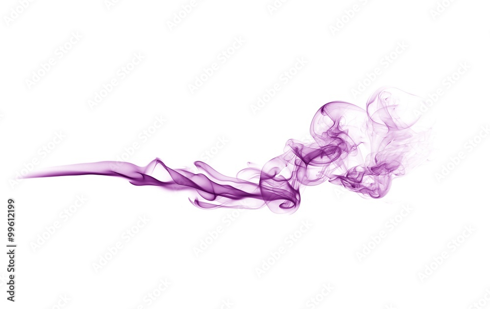 violet smoke trail on white background - obrazy, fototapety, plakaty 