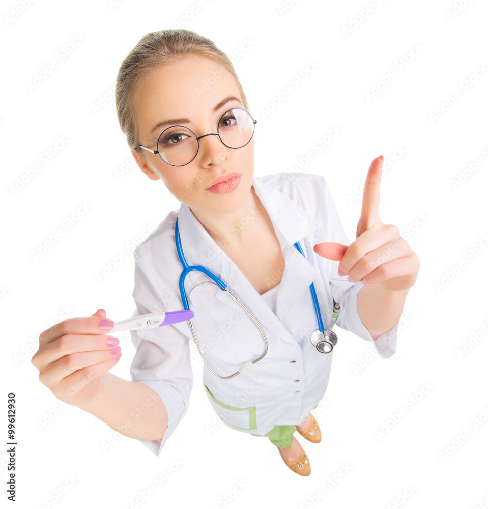 Young funny woman doctor with pregnancy test Young funny woman doctor with pregnancy test