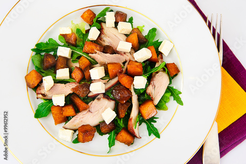 Salad with Chicken, Arugula, Caramelized Pumpkin and Feta Cheese