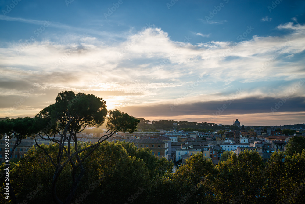 aerial view of forum romanum and surrounding areas of historical centre of Rome at sunset, Italy