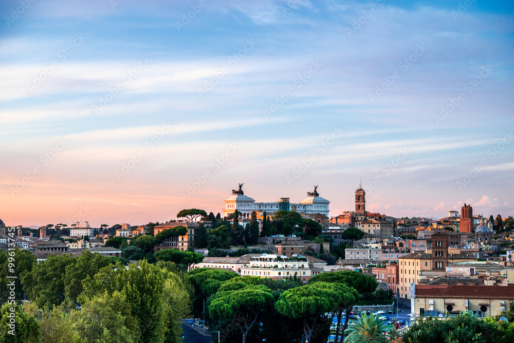 aerial view of forum romanum and surrounding areas of historical centre of Rome at sunset, Italy