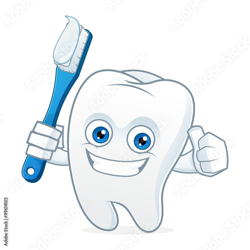 Tooth cartoon mascot brushing teeth