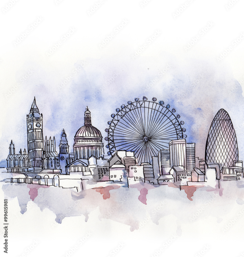 Naklejka premium panoramiczny widok akwareli londynu kraju unii europejskiej na białym tle