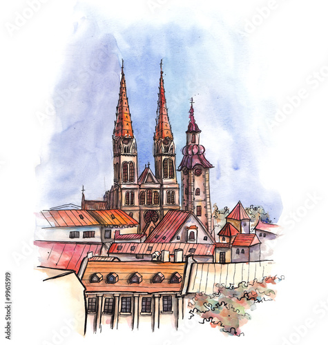 the view panoramic of Zagreb city watercolor hand drawn of europe union isolated on the white background
