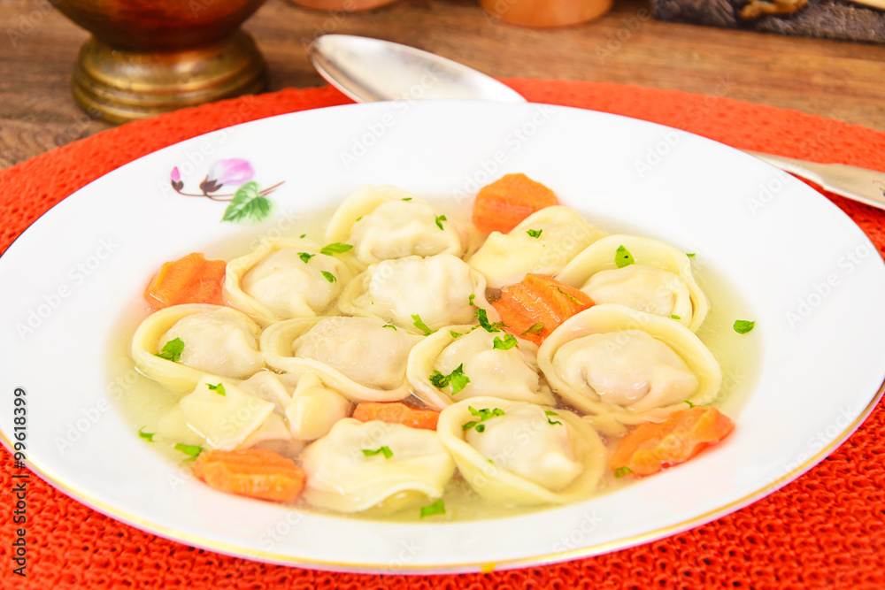 Delicious Food: Soup Dumplings Pelmeni and Carrot Delicious Food: Soup Dumplings Pelmeni and Carrot