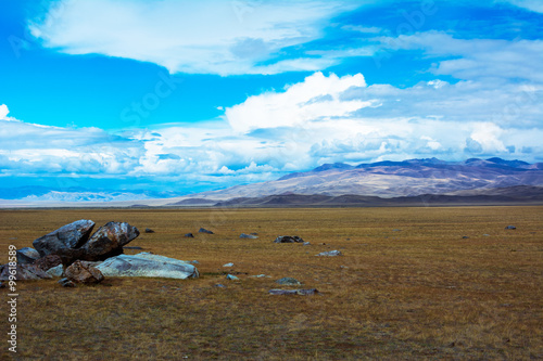 Steppe landscape with a piece of rock in the foreground  mountains view  blue sky with clouds. Chuya Steppe   Kuray steppe in the Siberian Altai Mountains  Russia