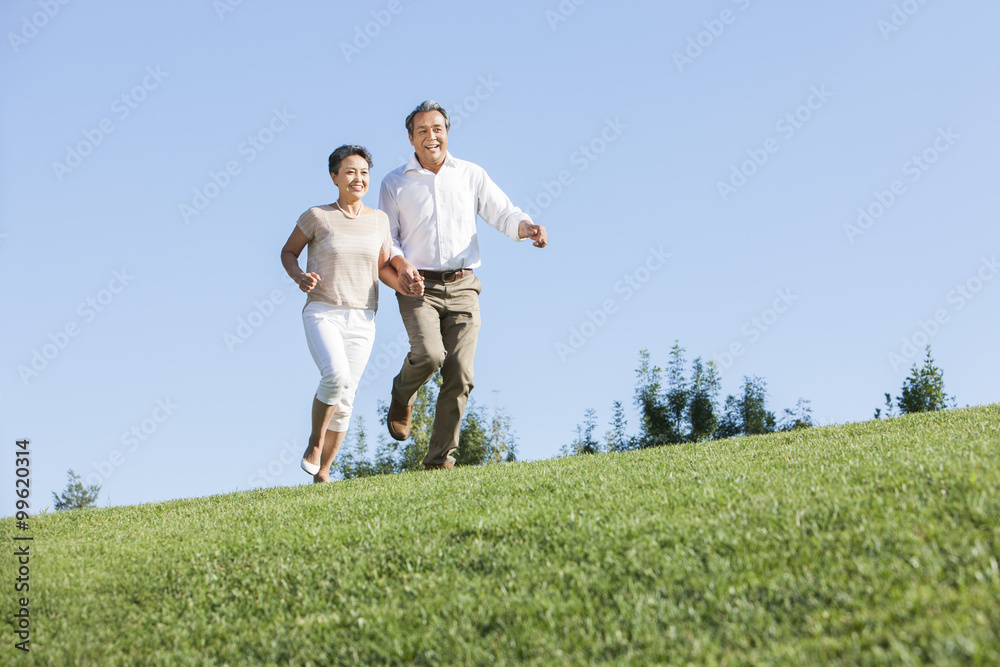 Cheerful mature couple holding hands running in a park Cheerful mature couple holding hands running in a park