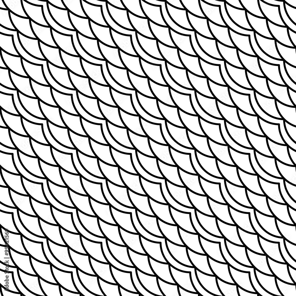 Black and white diagonal fish scale seamless pattern. Monochrome fabric background.