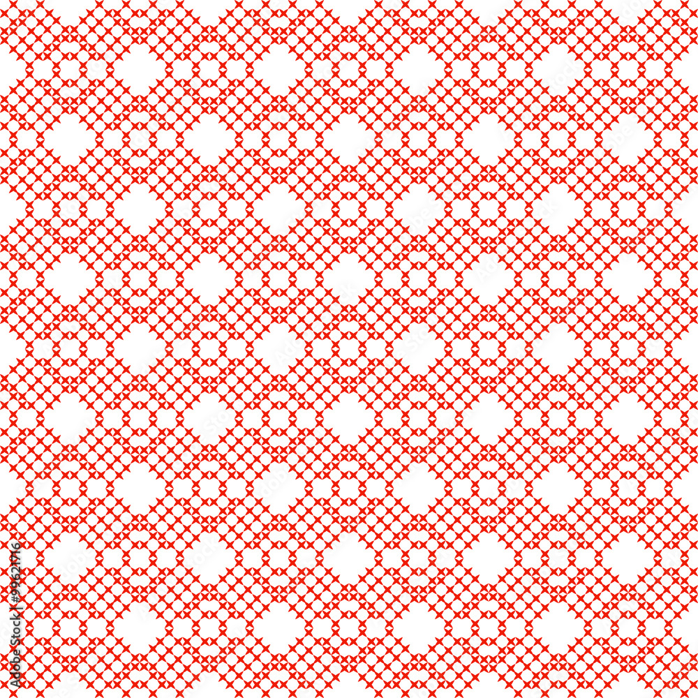 Cross stitch seamless vector pattern. Red embroidery folk design. Geometric rhombs in ethnic national style.