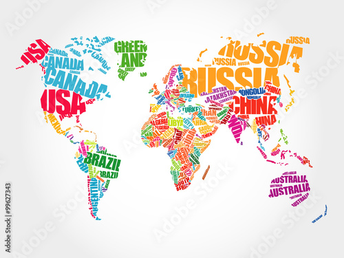 Fototapeta Światowa mapa w typografii słowa obłocznym pojęciu, imiona kraje