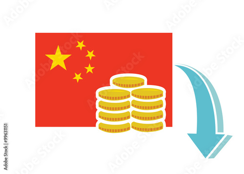 Flat vector image of the Chinese flag with coins and a downward arrow