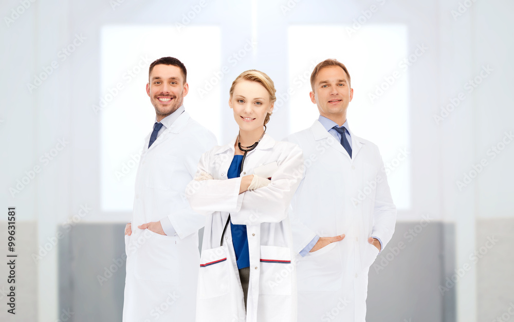 group of happy doctors at hospital