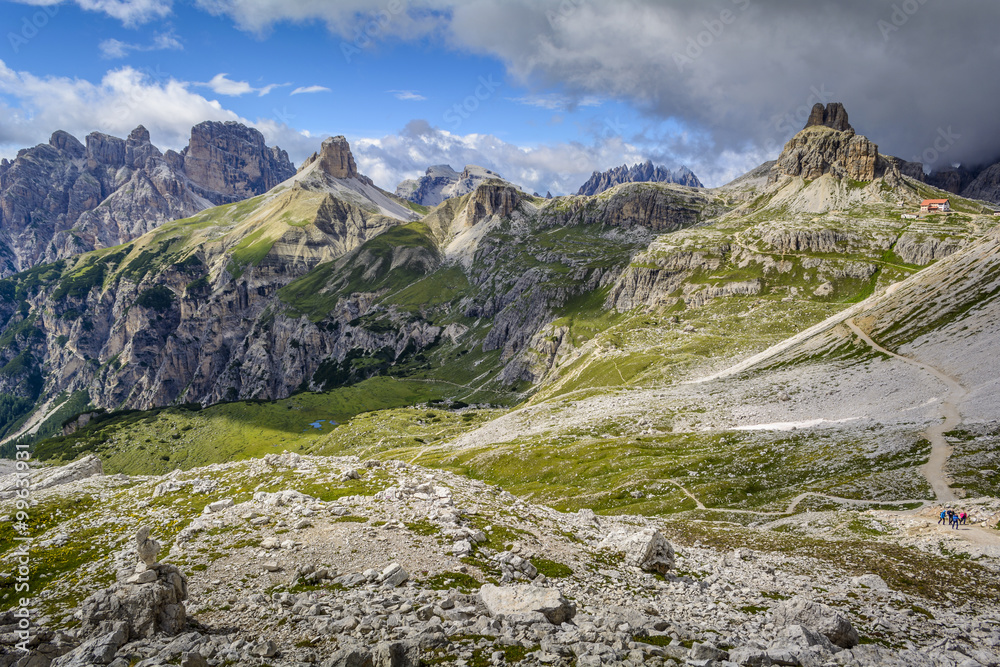 Summer hike in Tre Cime di Lavaredo national park, Dolomites, Italian Alps
