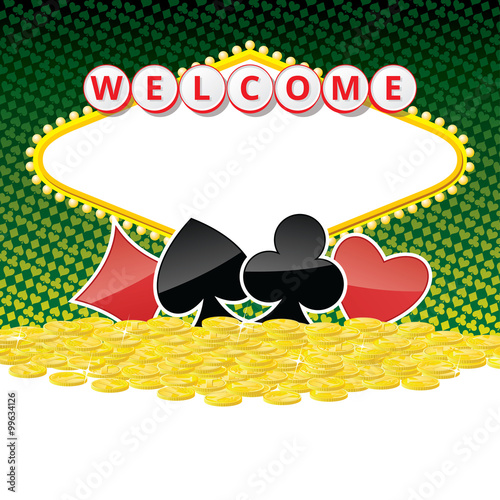 Welcome sign background with card suits and heap of golden coins