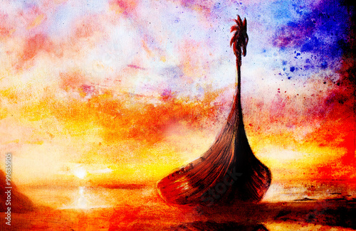 Viking Boat on the beach, painting on canvas, Boat with wood dragon. And structure background, red, orange, yellow, black, violet and blue color.