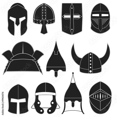 Vector icons, logo, labels of monocrome black helmets of ancient warriors on a white background for projects, cards, invitations. Helmets design elements. Sparta, gladiators, knights, samurai helmets