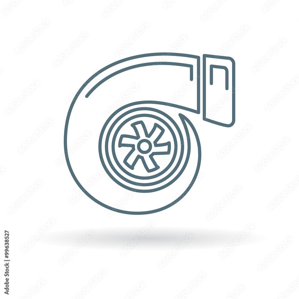 Vehicle performance turbo icon. Car turbocharger sign. Performance turbo  compressor symbol. Thin line icon on white background. Vector illustration.  Stock Vector