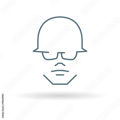 Construction worker with head and eye protection icon. Contractor with helmet and glasses sign. Safety gear symbol. Thin line icon on white background. Vector illustration.