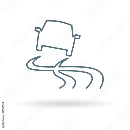Road slippery when wet icon. Road caution sign. Vehicle traction contol symbol. Thin line icon on white background. Vector illustration.