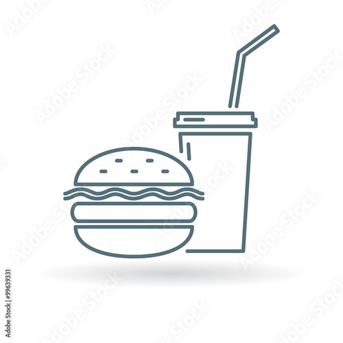 Hamburger and drink takeout icon. Cheeseburger and soda takeaway sign. Burger and cooldrink fastfood symbol. Thin line icon on white background. Vector illustration.
