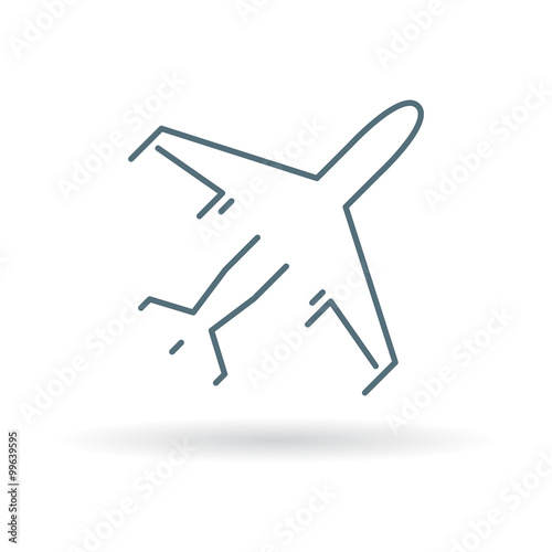 Flying airplane icon. aircraft sign. Commercial passenger plane symbol. Thin line icon on white background. Vector illustration.