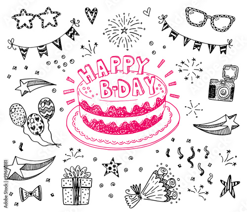 Happy birthday hand drawn sketch set with doodle cake, balloons, fireworks and party attributes