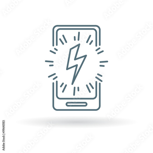 Smartphone power charge icon. Cellphone lightning bolt sign. Mobile thunderbolt symbol. Thin line icon on white background. Vector illustration.