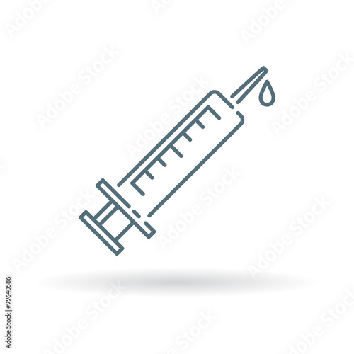 Medical syringe icon. Injection sign. Vaccine symbol. Thin line icon on white background. Vector illustration.