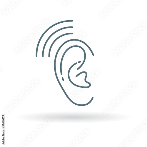 Ear hearing aid icon. Volume increase sign. Ear hear symbol. Thin line icon on white background. Vector illustration.