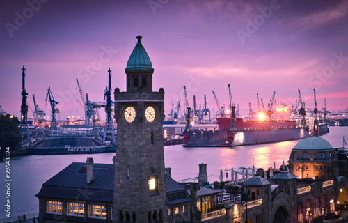 Obraz na płótnie Hamburg, landing bridges and views of Harbour scene with shipyar w salonie