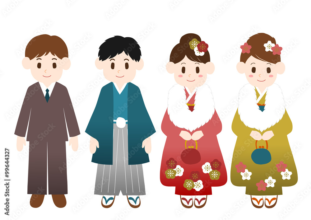成人式の男女のイラスト 振袖の女性と羽織袴 スーツの男性 Stock ベクター Adobe Stock
