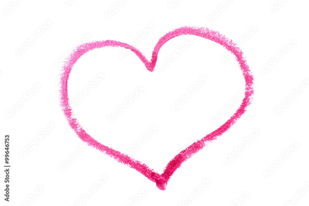 Love shape drawn with lipstick on a white background