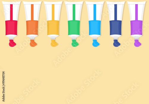 
Colored tubes of paint. Set of seven colored tubes. Red, orange, yellow, green, blue and purple colors. Vector illustration
