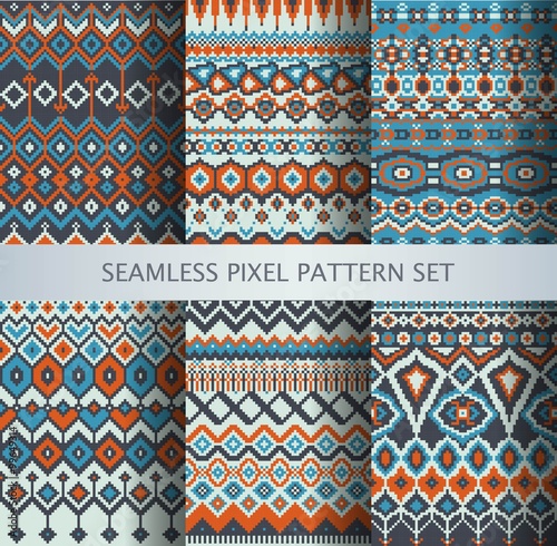 Collection of pixel colorful seamless patterns with stylized Greenland national ornament. Vector illustration.