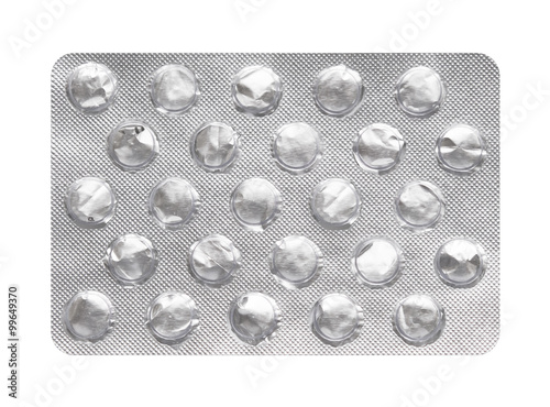 empty blister pack of tablets on a white background