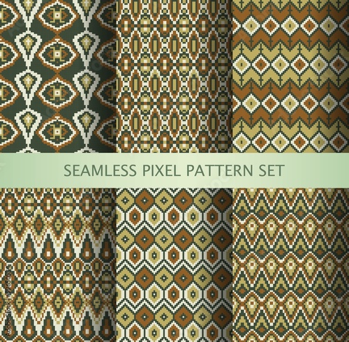 Collection of pixel colorful seamless patterns with stylized Greenland national ornament. Vector illustration.