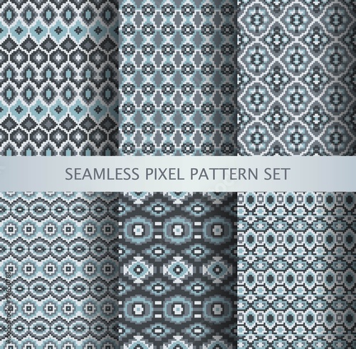 Collection of pixel gray seamless patterns with stylized Greenland national ornament. Vector illustration.